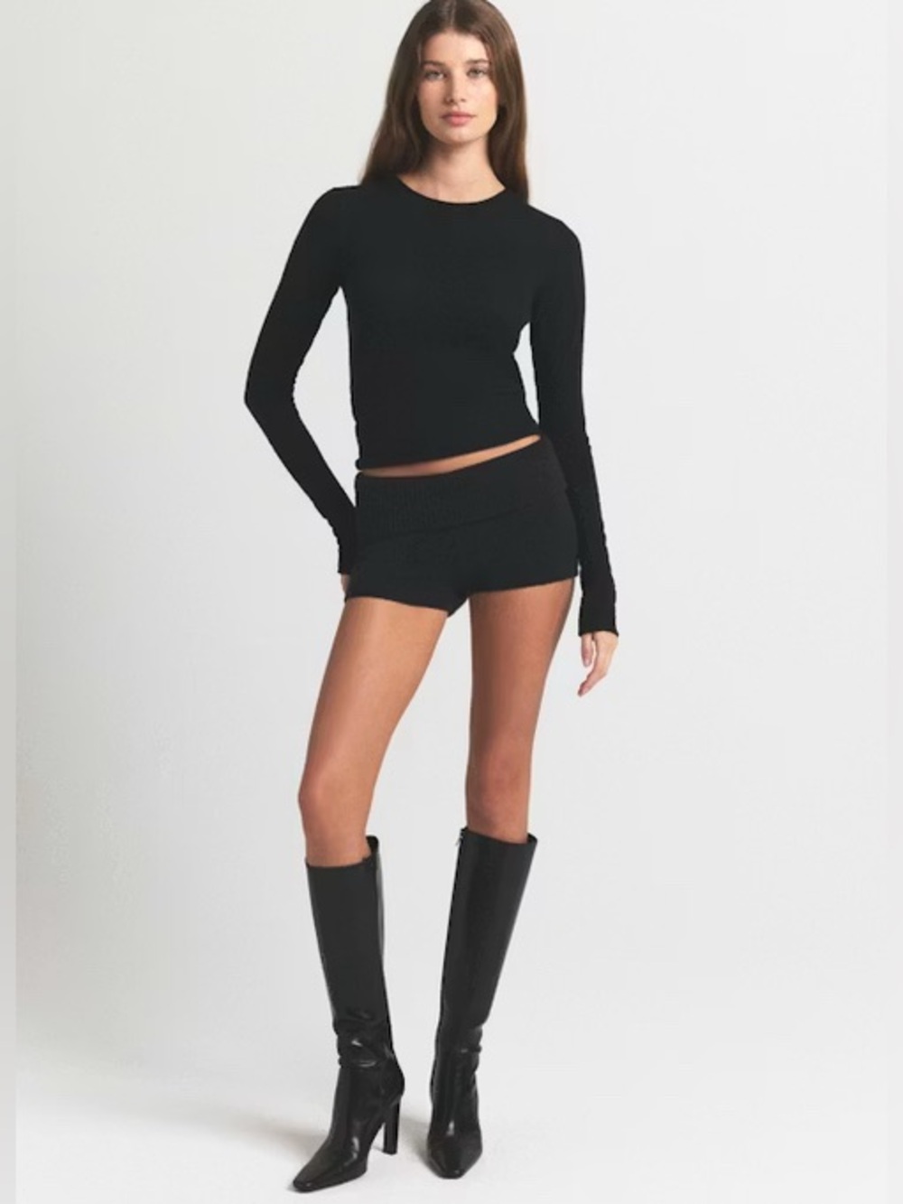 SKIMS CASHMERE Onyx Featherweight Long Sleeve Top BNWT XXS MSRP $168.00